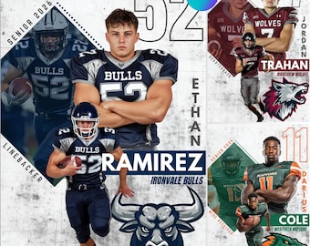 May include: A collage featuring football players in various uniforms. The central figure, Ethan Ramirez, is in a blue and white Bulls uniform, number 52. Other players are in Wolves and Raptors uniforms. The image includes team logos and the text "Senior 2026".