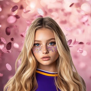 May include: A young woman with long blonde hair wearing a purple and yellow jersey with glitter on her face. The background is a pink and white bokeh effect with pink glitter confetti.