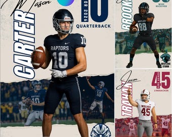 May include: A collage featuring football players. The main image shows a player in a navy Raptors uniform, number 10, holding a football. Other images include players in Westlake Storm and Crimson Wolves uniforms. Text includes "Senior 2026" and team names.