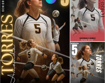 Puede incluir: Gráfico temático de voleibol con una atleta femenina con una camiseta blanca y negra con el número 5. El diseño incluye el nombre "Amanda Torres", el texto "Senior 2026" y "Riverdale Hawks". La imagen muestra fotos de acción de la atleta.