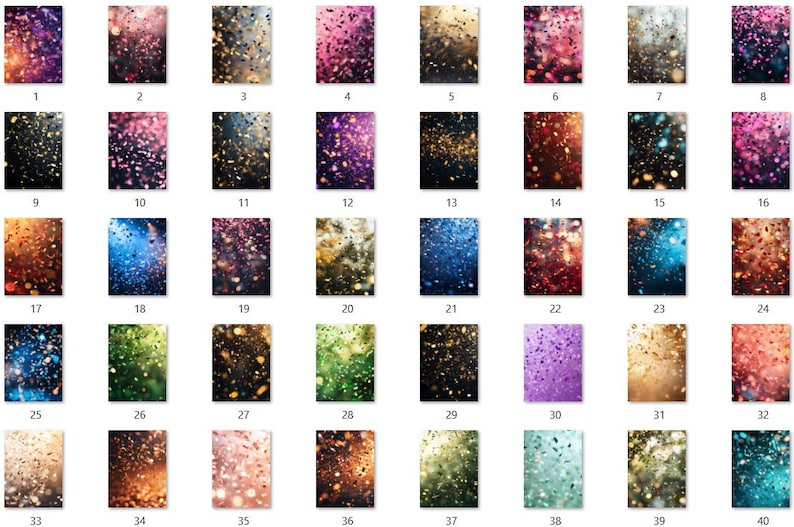 May include: A collection of 40 digital backgrounds featuring various colors and textures of glitter and bokeh. The backgrounds are perfect for adding a touch of sparkle and magic to your designs.