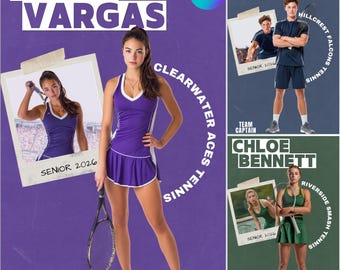 Póster de la Noche de los Seniors de Tenis / Plantilla personalizada de Canva con diseño de collage de fotos / Banner editable de graduación de atletas y recuerdo de deportes de equipo