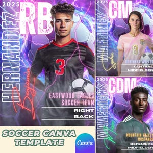 Purple Lightning Soccer Canva Template | Customizable Sports Poster & Team Banner for Soccer Players, Seniors Memory Mate Cards