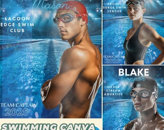 May include: A swimming team Canva template with three swimmers. The template features a blue pool background with text that says "Team Captain 2025" and "Swimming Canva Template".