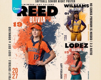 Softball Senior Night Paint Splash Poster, Editable Canva Artistic Sports Banner, Softball Player Memory Mate Print