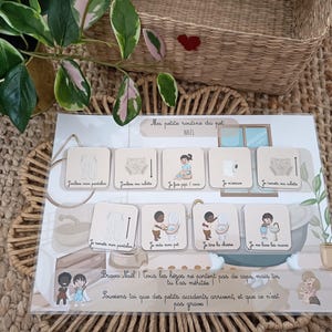 Peut inclure: Un tableau d'apprentissage de la propreté pour enfants, avec des illustrations des étapes telles que l'utilisation des toilettes et le lavage des mains. Le tableau contient du texte en français, un panier tressé et des plantes vertes et roses en arrière-plan.