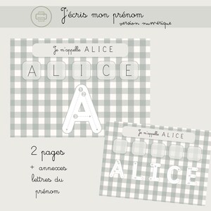 Può includere: Foglio di lavoro didattico di due pagine con il nome "ALICE" in un motivo a scacchi grigio e bianco. Il foglio di lavoro include la traccia delle lettere e il testo "J'écris mon prénom" e "version numérique".