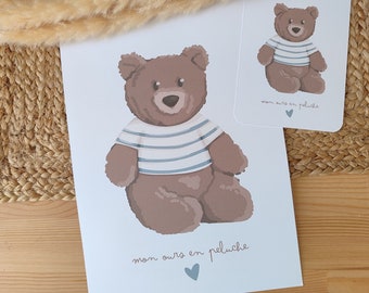 Affiche et carte décorative pédagogique ours en peluche - décoration bébé - chambre d'enfant