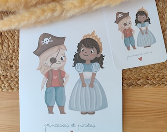 Affiche et carte décorative princesses et pirates - Décoration bébé et enfant - Chambre d'enfant