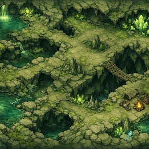 Puede incluir: Ilustración isométrica de un sistema de cuevas de fantasía. La escena presenta cascadas, charcos de agua, un puente de madera y una fogata. Las paredes de la cueva son verdes y grises, con cristales brillantes.