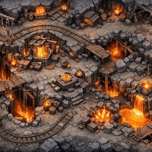 May include: An isometric illustration of a fantasy mine, with wooden structures, mine carts, and glowing orange lava and fires. The scene is set within a rocky, gray environment, with details like barrels and bridges.