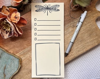 Handmade Tear-Off Notepad. Dragonfly + Productivity Spaces. Checklist. To-Do List. Strathmore writing paper in natural linen.