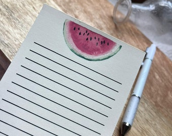 Handmade Tear-Off Watercolor Watermelon Notepad. 50 pages lined, natural white Strathmore writing paper. Grocery & to-do lists.