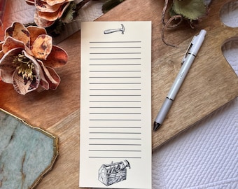 Handmade Tear-Off Notepad. Pictures a manly toolbox, gifts for Dad, gifts for men. Strathmore writing paper in natural linen. Lined notepad.