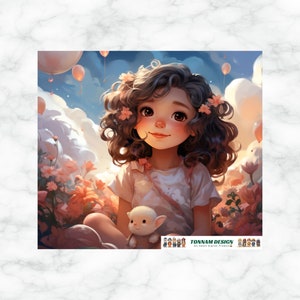 Puede incluir: Una niña joven con cabello castaño rizado y ojos marrones sonríe mientras sostiene un cordero de peluche blanco. Lleva una camisa blanca y está sentada en un campo de flores rosas. El fondo es un cielo azul con nubes blancas y globos rosas.