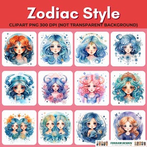 May include: A set of 12 digital illustrations of zodiac signs in a watercolor style. Each illustration features a cartoon character with a unique hairstyle and accessories. The characters are surrounded by stars and other celestial elements.