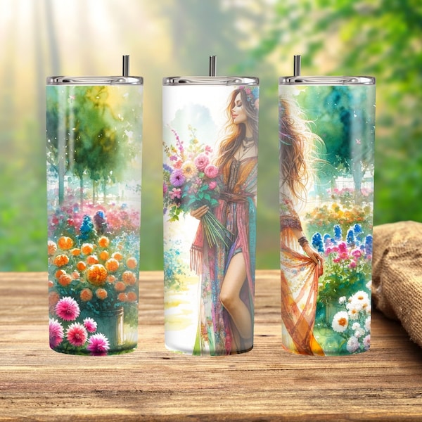 beautiful woman dressed in Bohemian style, holding a bouquet of flowers, Tumbler wrap 20 Oz.