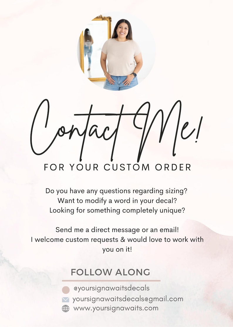 Peut inclure: Image promotionnelle avec le texte "Contactez-moi !" en &eacute;criture &eacute;l&eacute;gante, invitant aux commandes personnalis&eacute;es. Elle comprend des coordonn&eacute;es et une incitation &agrave; l'action pour des demandes de d&eacute;calcomanies uniques. Une femme est photographi&eacute;e dans un cercle en haut.