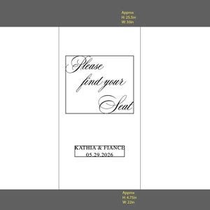 May include: A white wedding seating chart with the text "Please find your Seat" in elegant script. Below, it reads "KATHIA & FIANCE" and the date "05.29.2026". The chart is approximately 25.5 inches high and 30 inches wide.