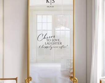 Cheers to love laughter and happily ever after wedding selfie mirror personalized decal