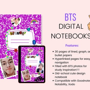May include: Purple digital notebook with a  "SUBJECT" title bar and a photo of a K-pop band member. The notebook is decorated with stars, rainbows, and gems. The notebook is compatible with Goodnotes, Notability, and Xodo.