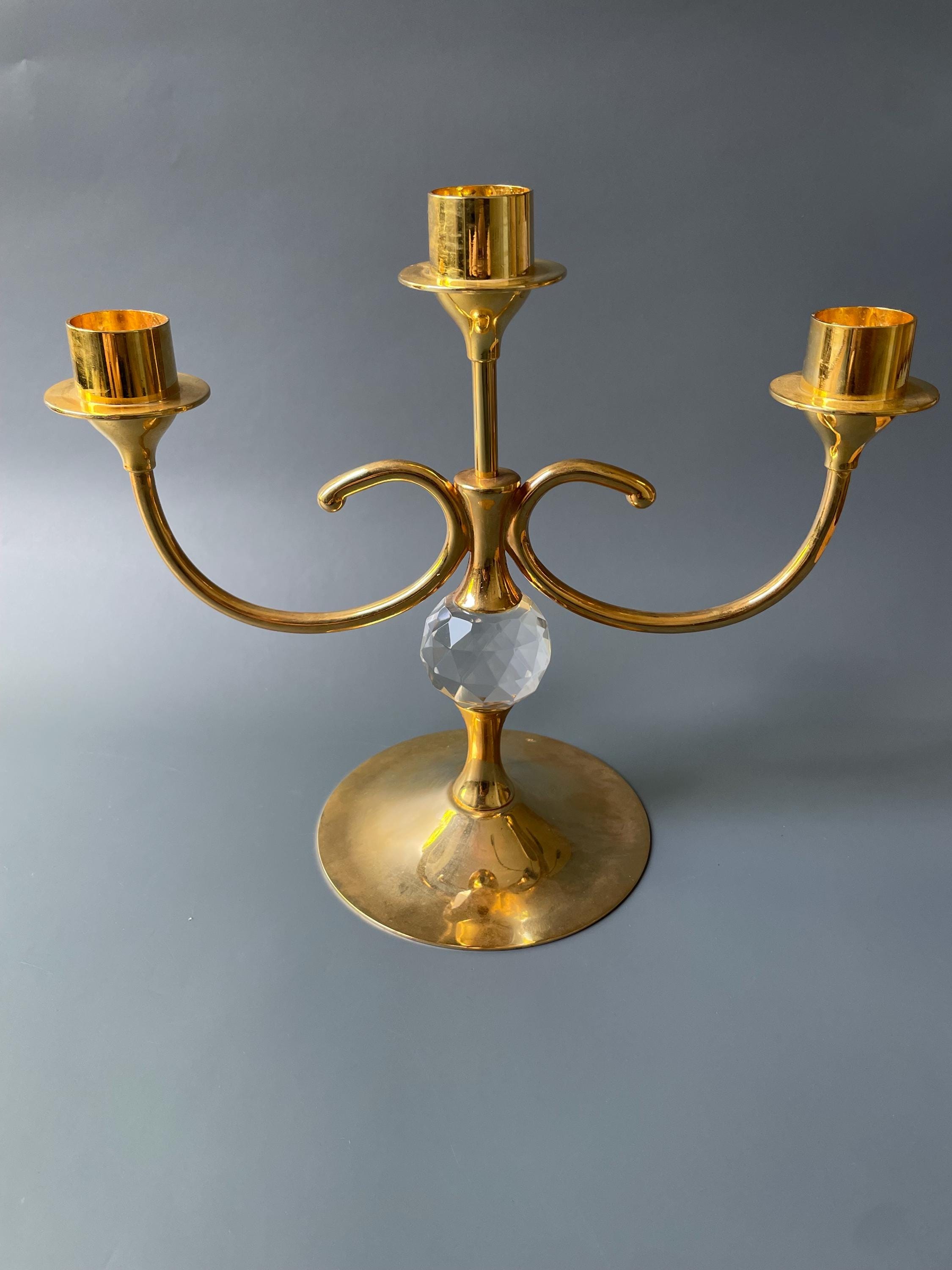 Vintage Three-arm Candlestick Holder / Gold Plated / With Crystal