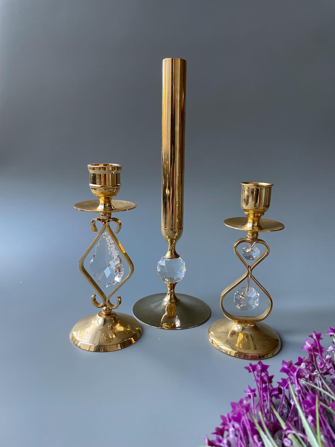 Set of Vintage Candlestick Holders and Vase. Gold Plated. Crystal ...