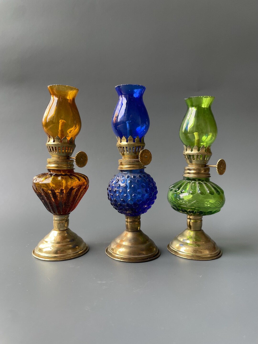 Set of 3 Small Vintage Hurricane Lamps / Lanterns / Colorful Oil Lamps ...