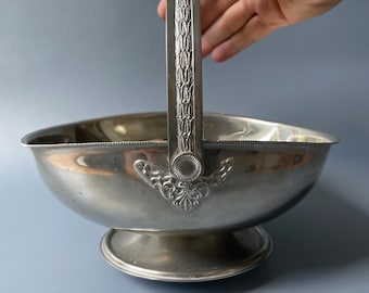 Vintage Silver Plated Metal Pedestal Bowl with Handle, Made in Italy