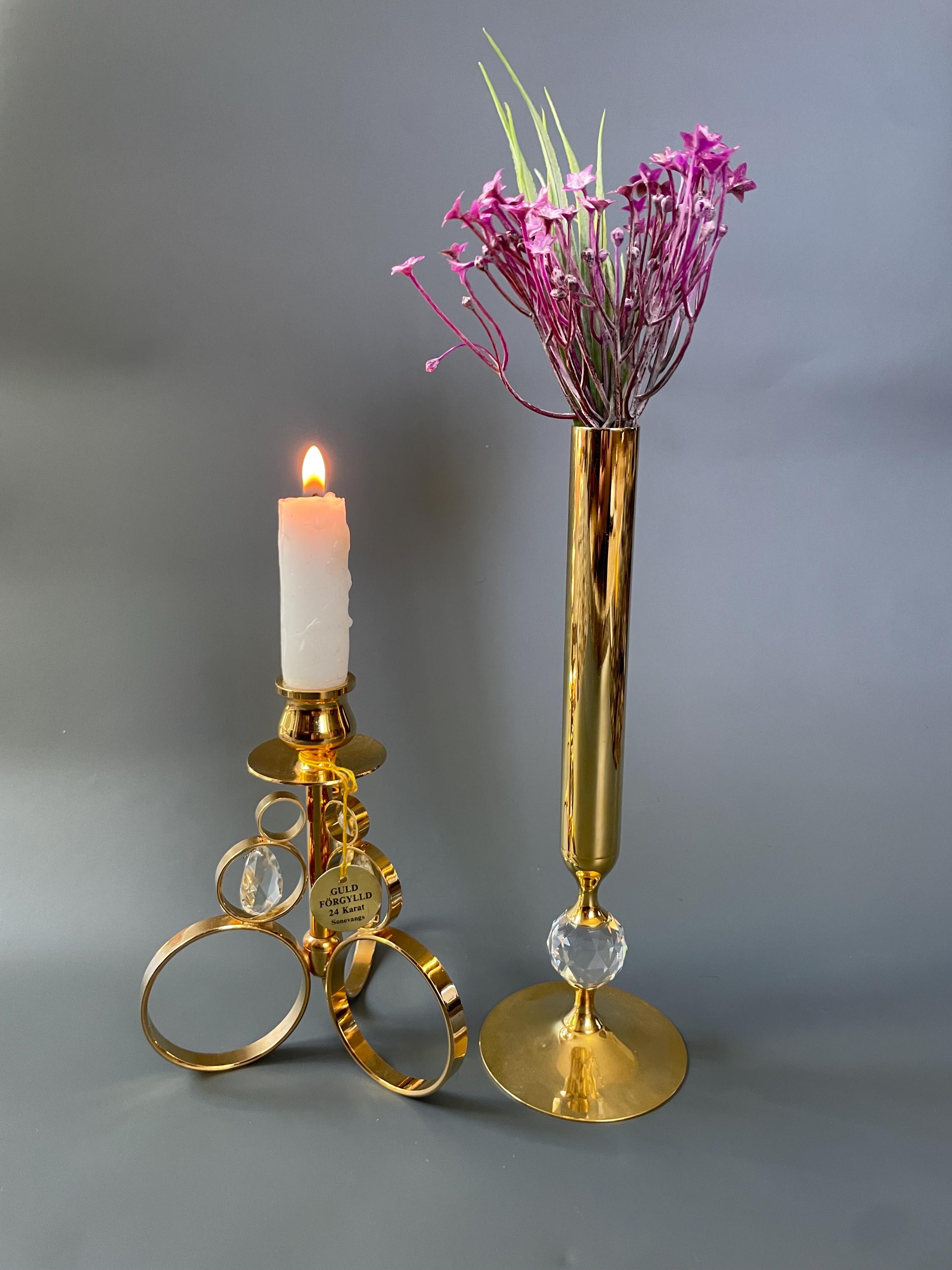Set of Vintage Candlestick Holder and Vase / Gold Plated