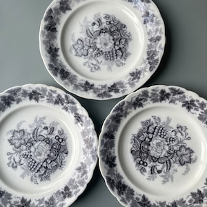 May include: Three white ceramic plates with black and grey floral designs. The plates have a scalloped edge and feature a grapevine border.