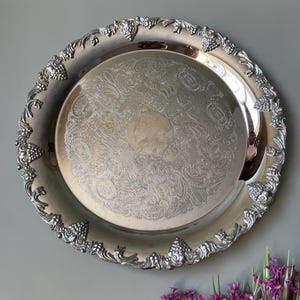 plateau de service chromé vintage, plateau floral suédois (13 pouces)