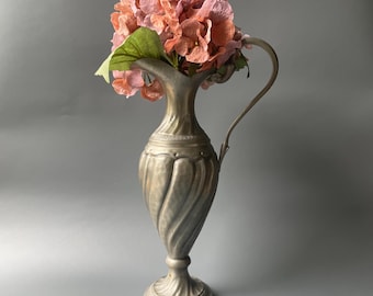 Vintage Italian Pewter Pitcher, Ornate Handle Vase