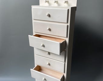 Vintage wood wall shelve with 8 drawers. Wall decor, display. Small storage