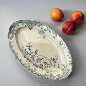 Antique Swedish Rorstrand Hildur Platter, Green Floral Transferware (1900s)