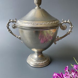 Vintage Italian pewter pedestal bowl / raised tray / decorative handles / raised bowl / trophy cup style / small storage / display decor