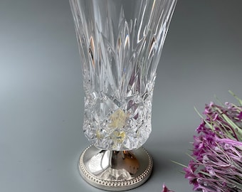 Vintage MAYEL pedestal vase / made in England / decorative crystal cut glass / zinc footed leg / home decor display / small raised vase