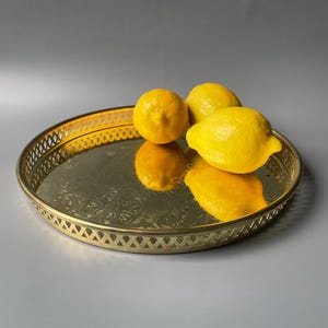 Vintage brass plated serving tray / ornate, floral motif / home display decor / embossed rim / 28 cm = 11 inches / fruit tray / platter