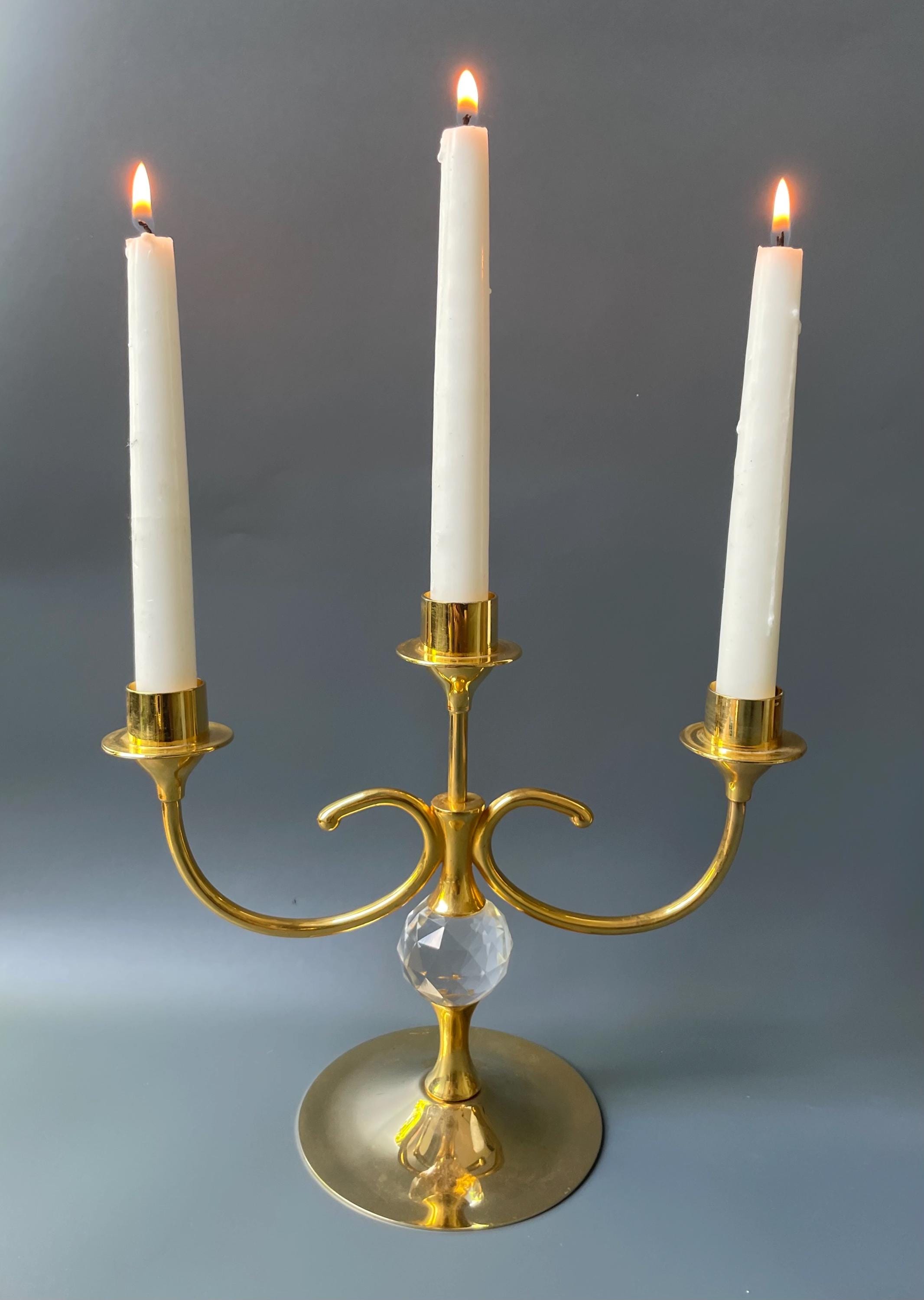 Vintage Three-arm Candlestick Holder / Gold Plated / With Crystal