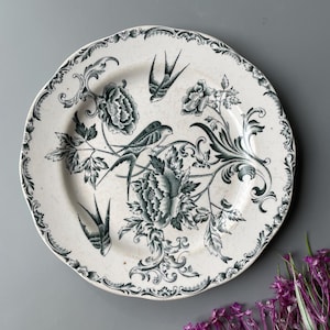 Antik Rörstrand Svala-tallrik, grön blommig transferware fågeldekor