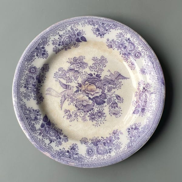 Antique Gustavsberg Porcelain Plate: Asiatic Pheasants Purple Transferware