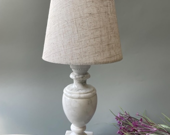 Small vintage white marble stone table lamp / nighstand,  side table lamp / vintage lighting / home decor  / light grey lamp shade