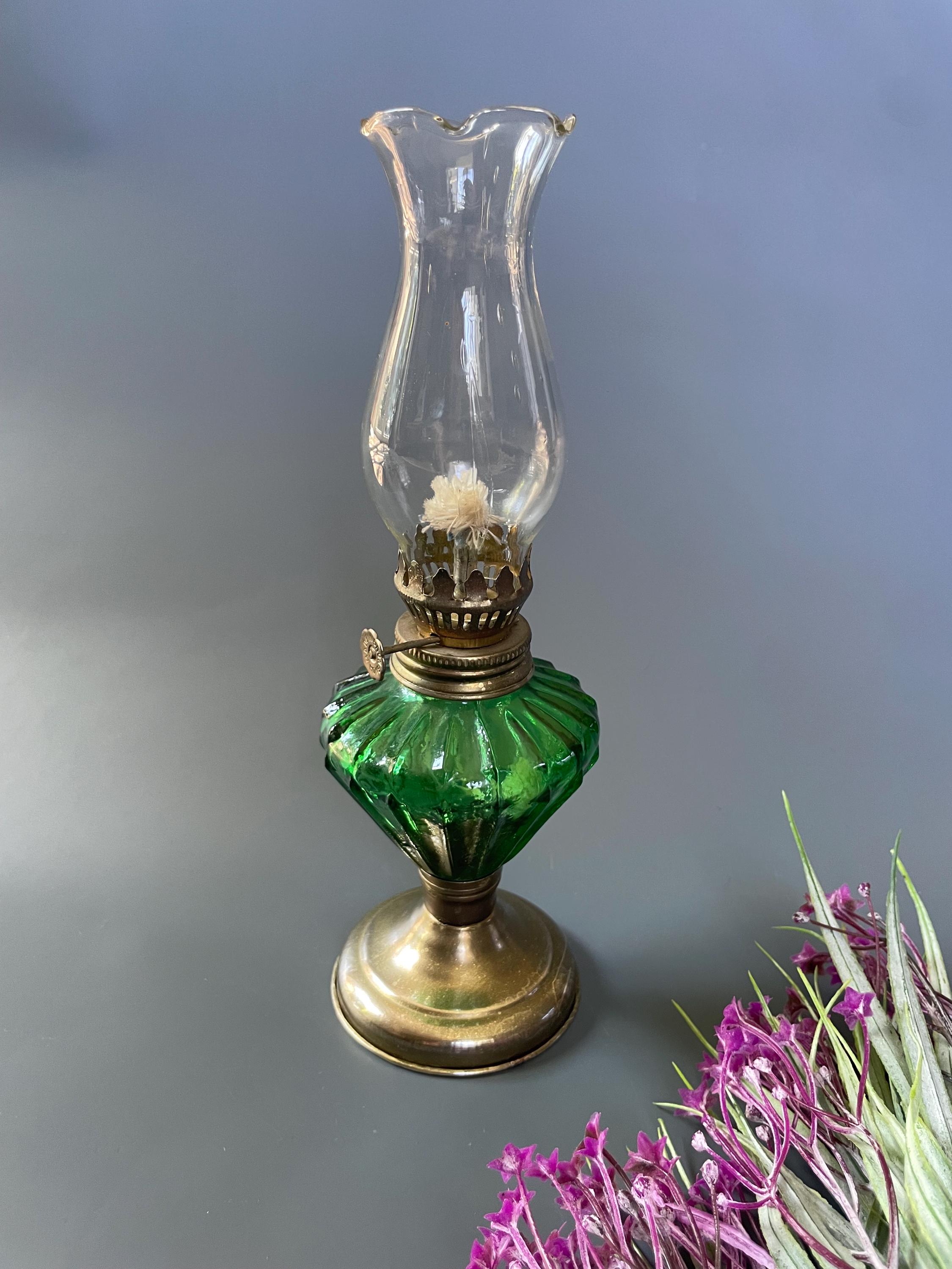 Vintage hurricane lamp / green glass and metal kerosene lamp / lantern / colorful oil lamp / home or garden display decor