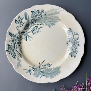 Puede incluir: Un plato de cerámica blanco con borde festoneado presenta un diseño floral azul y verde con un pájaro posado en una rama. El plato es perfecto para servir una variedad de platos.