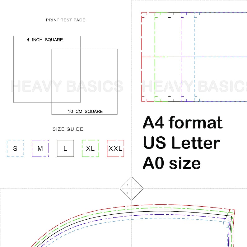 K&ouml;nnte beinhalten: Eine Drucktestseite mit einem 4 Zoll gro&szlig;en Quadrat und einem 10 cm gro&szlig;en Quadrat. Die Seite enth&auml;lt auch eine Gr&ouml;&szlig;entabelle mit den folgenden Gr&ouml;&szlig;en: S, M, L, XL, XXL. Die Seite enth&auml;lt auch den Text "A4 format", "US Letter" und "A0 size".