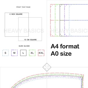 May include: A black and white image showing a size guide with different sizes labeled S, M, L, XL, and XXL. The image also includes a 4 inch square and a 10 cm square. The text "PRINT TEST PAGE" is at the top of the image. The text "A4 format A0 size" is at the bottom of the image.