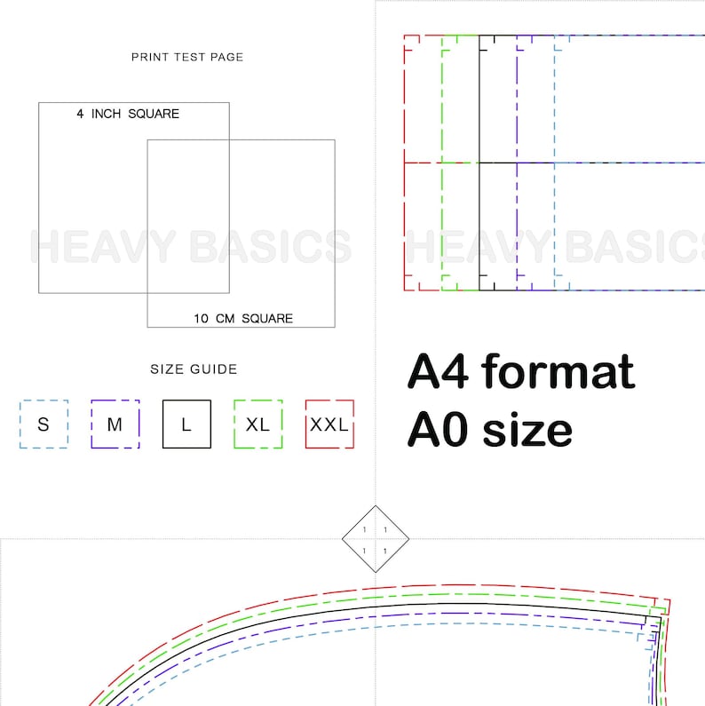 May include: A black and white image showing a size guide with different sizes labeled S, M, L, XL, and XXL. The image also includes a 4 inch square and a 10 cm square. The text "PRINT TEST PAGE" is at the top of the image. The text "A4 format A0 size" is at the bottom of the image.