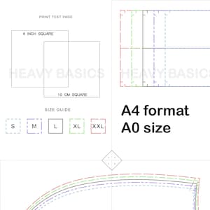 May include: A black and white image showing a size guide with different sizes labeled S, M, L, XL, and XXL. The image also includes a 4-inch square and a 10-cm square. The text "PRINT TEST PAGE" is at the top of the image. The text "A4 format A0 size" is at the bottom of the image.