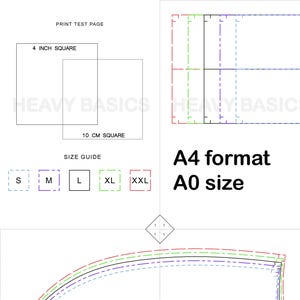 May include: A black and white image showing a size guide with different sizes labeled S, M, L, XL, and XXL. The image also includes a 4 inch square and a 10 cm square. The text "PRINT TEST PAGE" is at the top of the image. The text "A4 format A0 size" is at the bottom of the image.