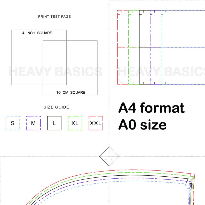 May include: A black and white image showing a size guide with different sizes labeled S, M, L, XL, and XXL. The image also includes a 4 inch square and a 10 cm square. The text "PRINT TEST PAGE" is at the top of the image. The text "A4 format A0 size" is at the bottom of the image.